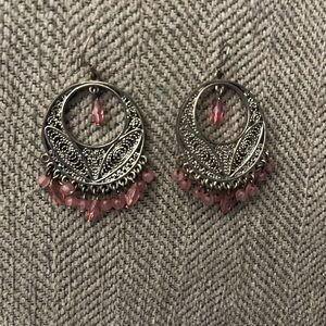 Bohemian Style Pink & Silver Tone Fish Hook Earrings. 90’s Vintage